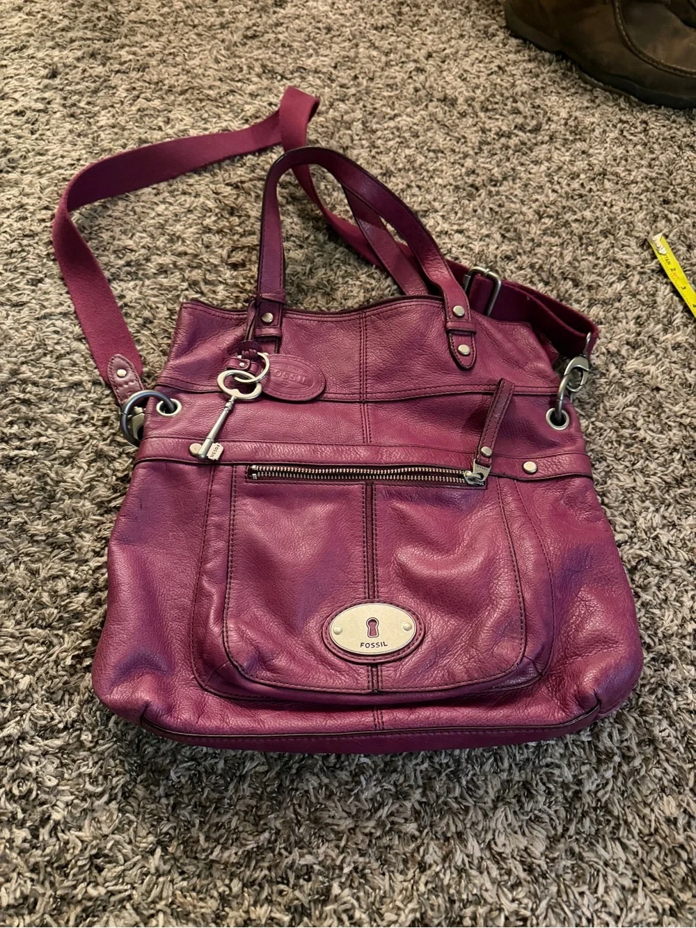 Fossil Magenta Leather Shoulder Tote with Key Charm